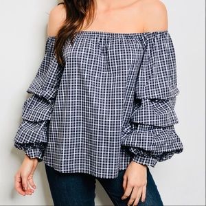 Off the Shoulder Poplin Tiered Ruffle Sleeve Top
